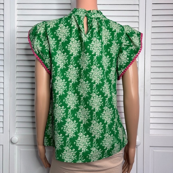 THML Green Pink Floral Ruffled Cap Sleeve Blouse Size Small - Picture 9 of 9